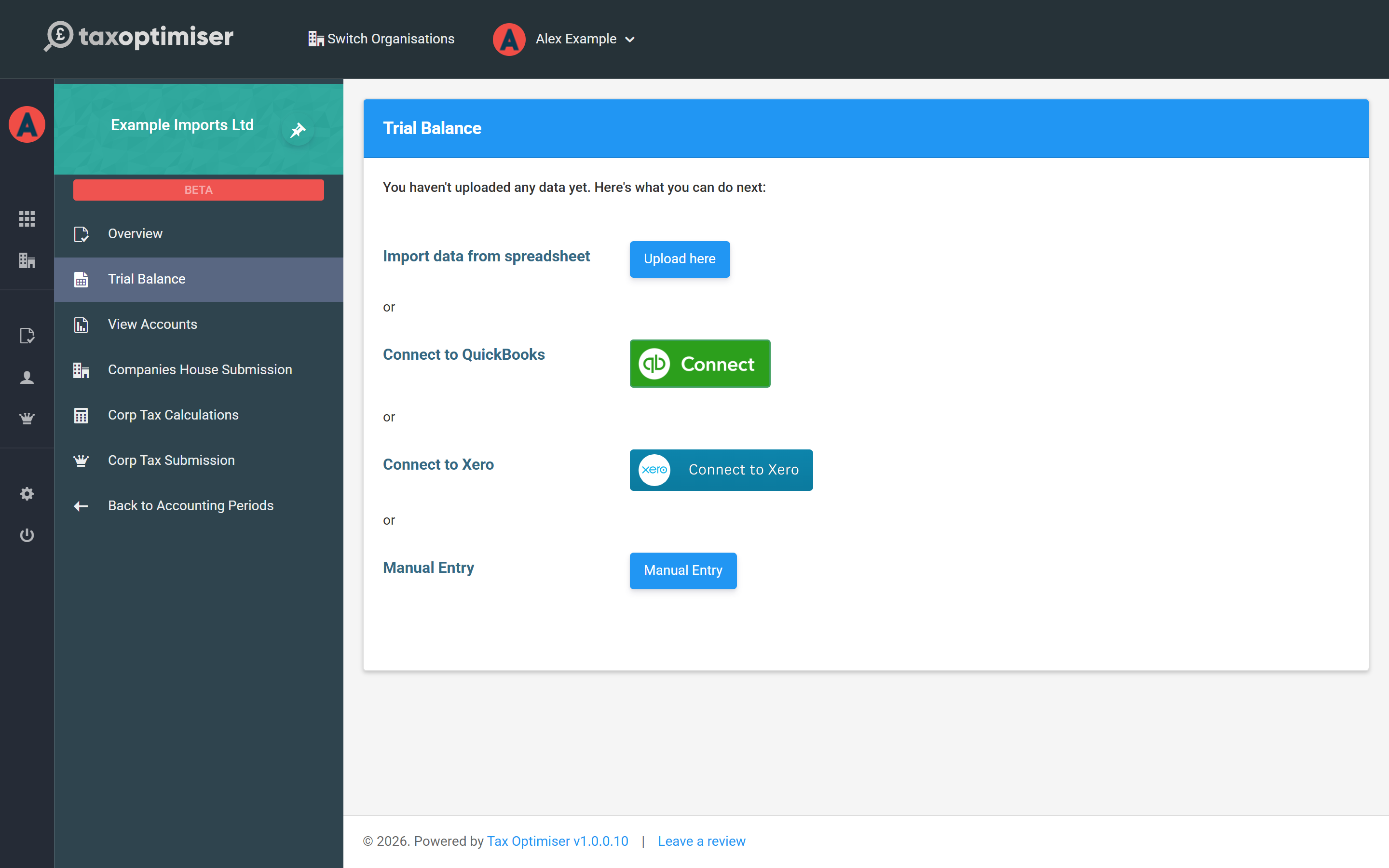 The Trial Balance screen before any data, offering spreadsheet import, QuickBooks and Xero connections, and manual entry