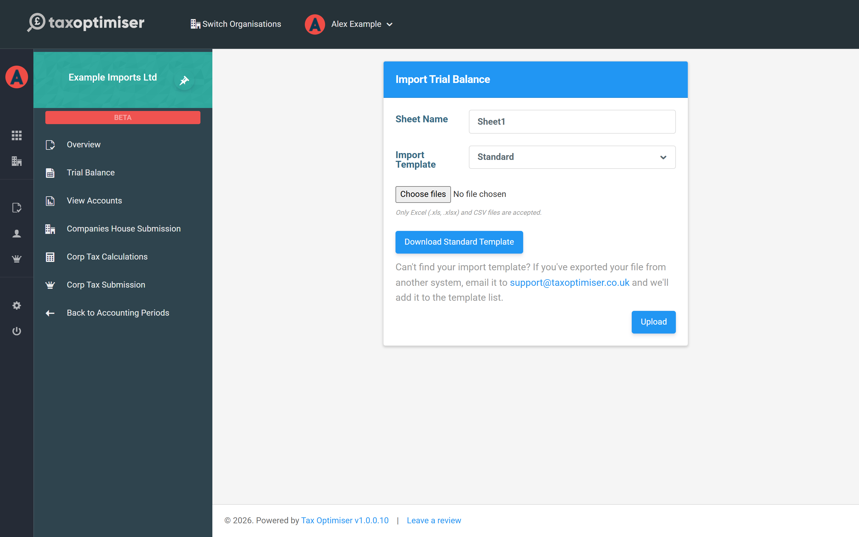 The Import Trial Balance screen with sheet name, template selection, file chooser and the Download Standard Template button