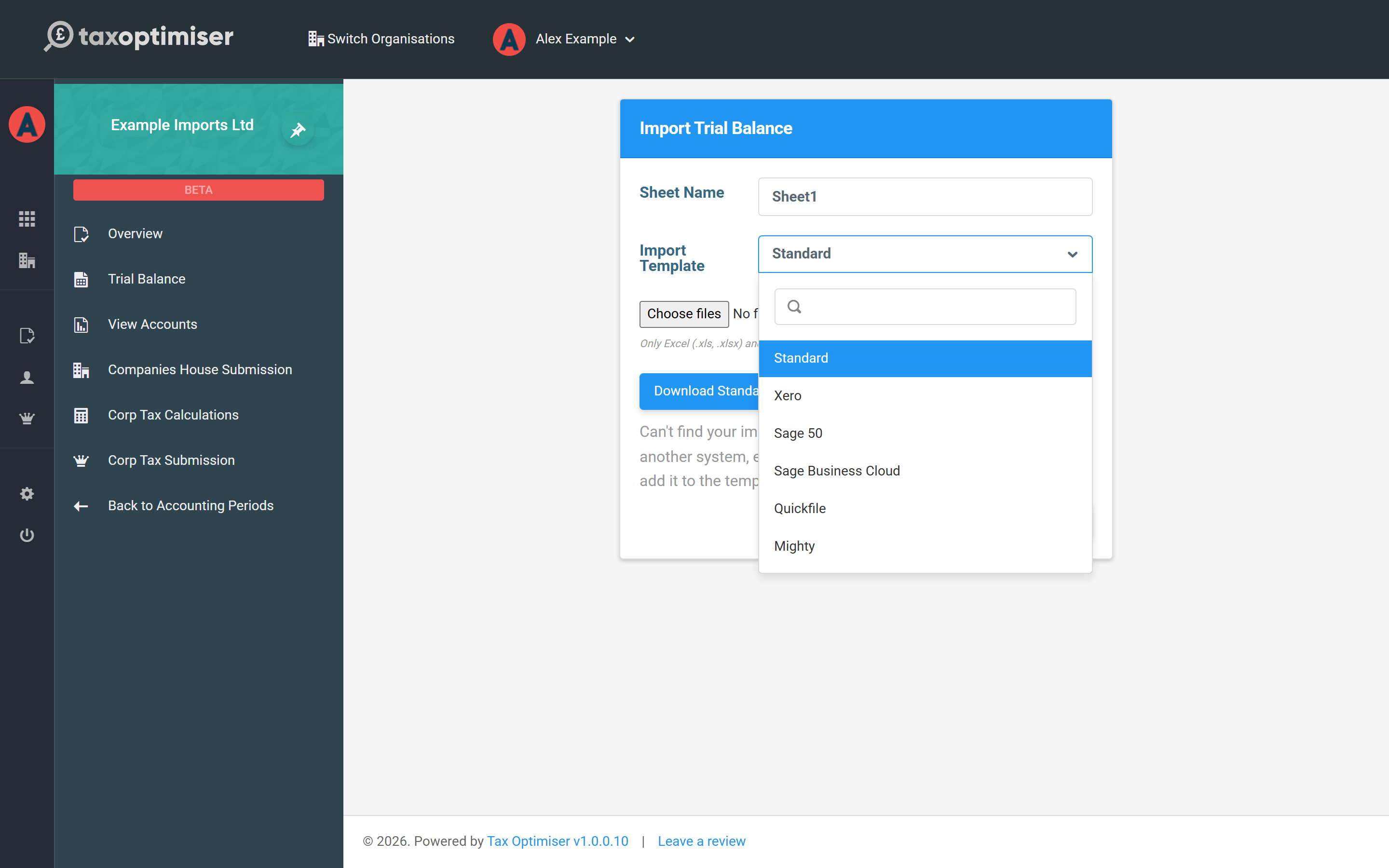 The Import Trial Balance screen with the template list open: Standard, Xero, Sage 50, Sage Business Cloud, Quickfile, Mighty