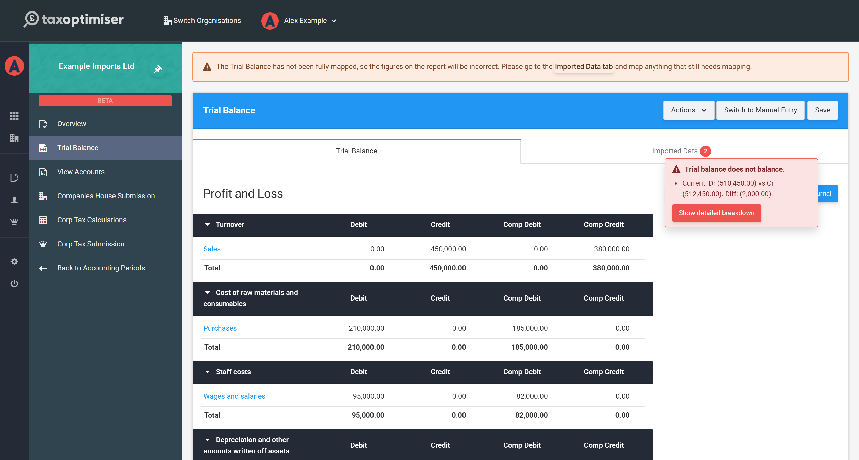 The Trial Balance screen warning that the trial balance has not been fully mapped, with a link to the Imported Data tab