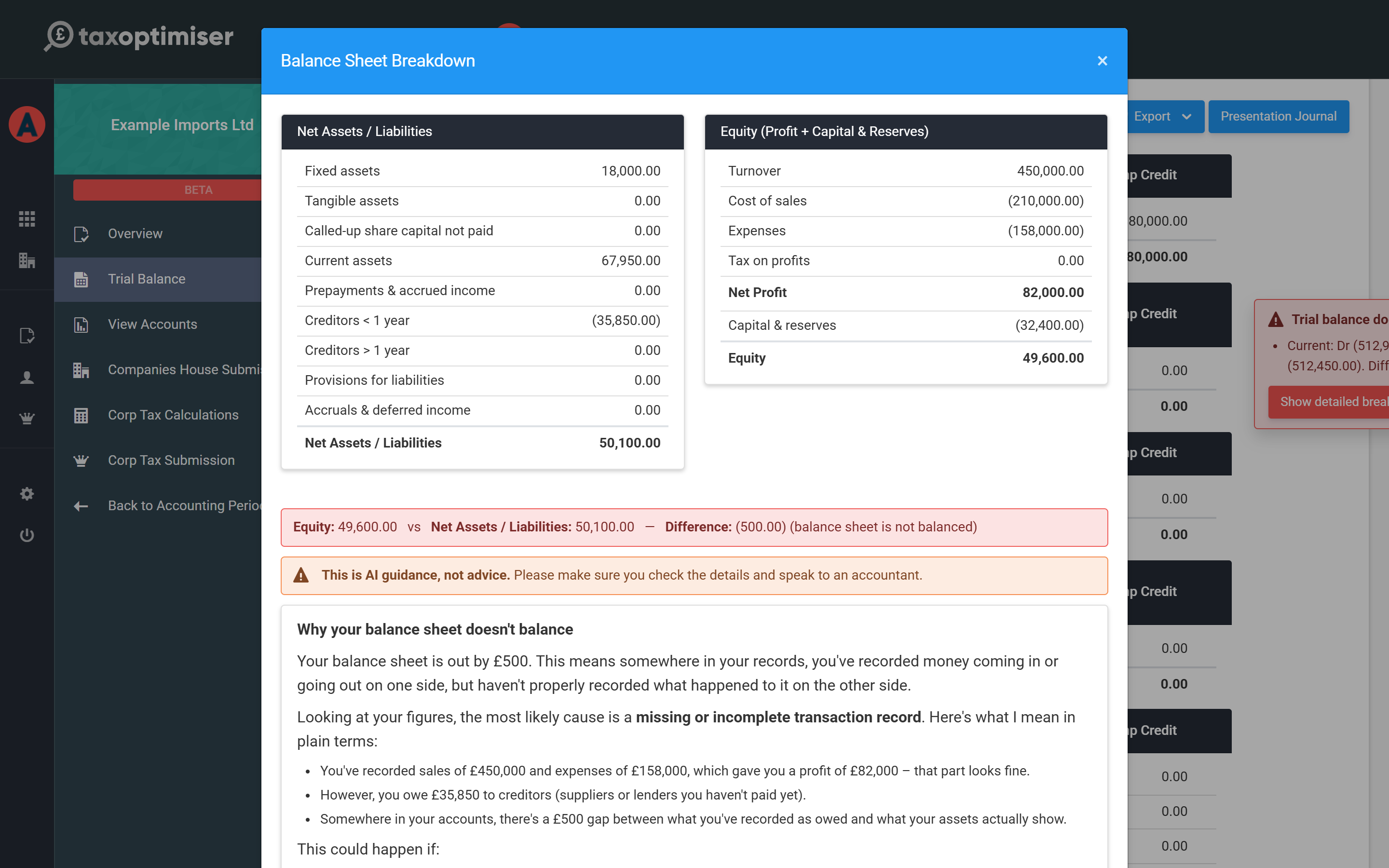 The Ask AI explanation of why the balance sheet is out by 500 pounds, suggesting the most likely causes