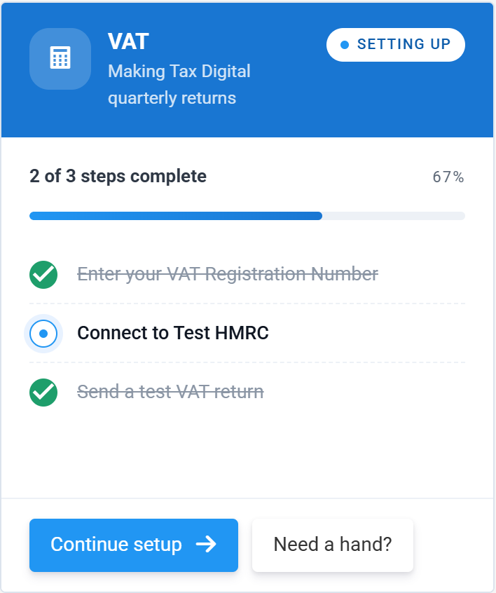 The VAT service card showing the setup checklist: enter your VAT registration number, connect to HMRC, send a test VAT return