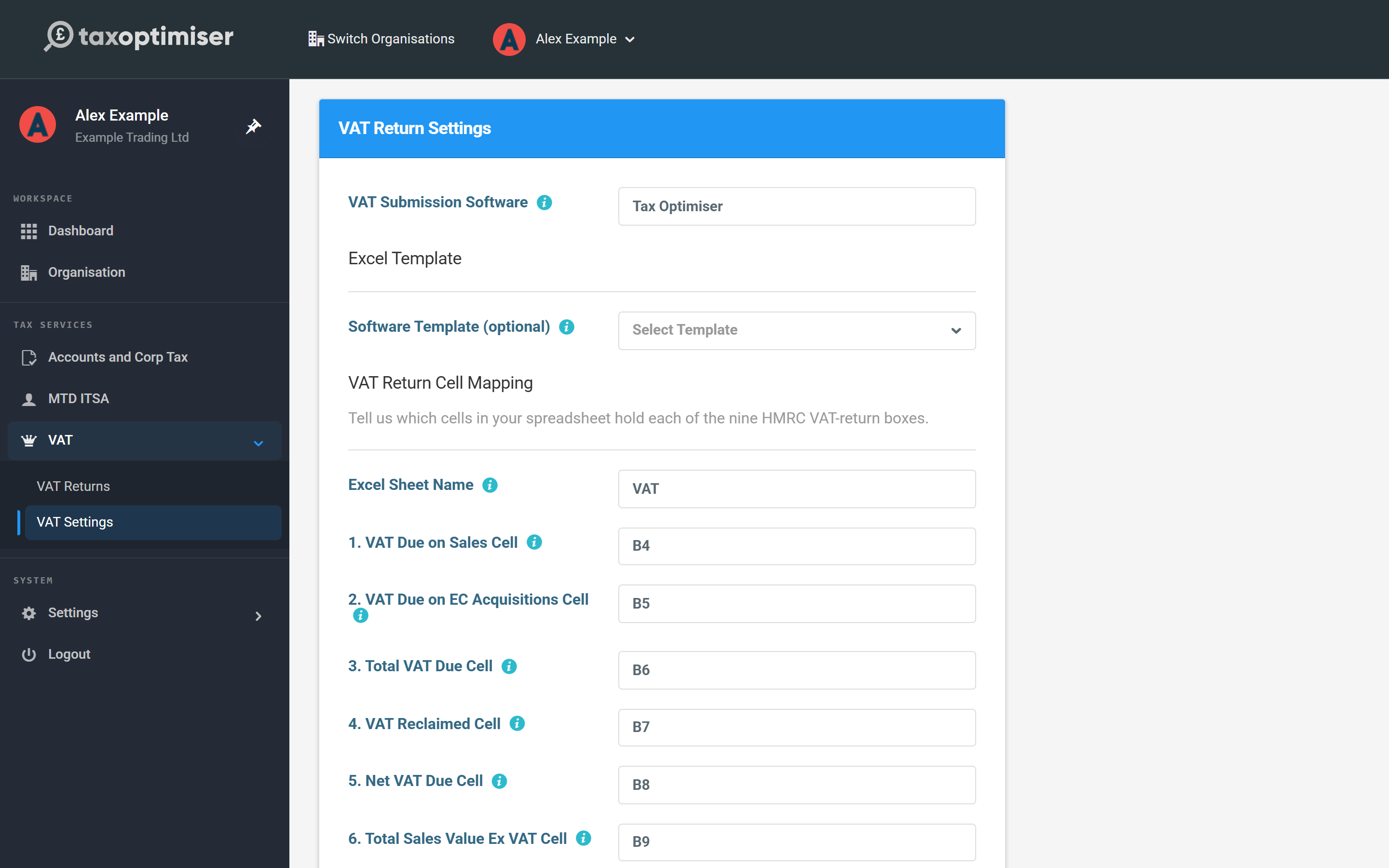 The VAT Return Settings screen with the software template dropdown and cell mapping fields