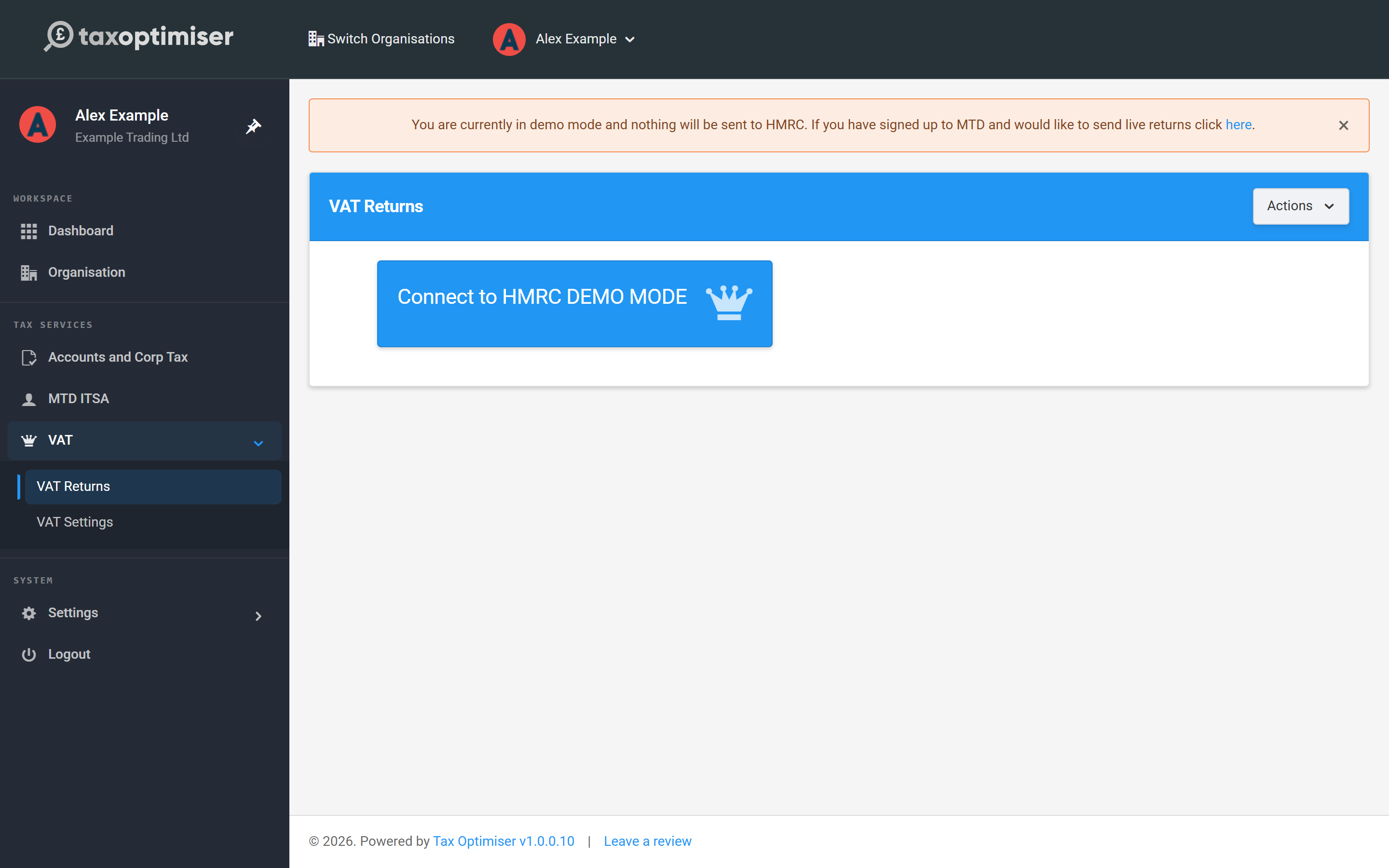 The VAT Returns screen in demo mode with the Connect to HMRC DEMO MODE card