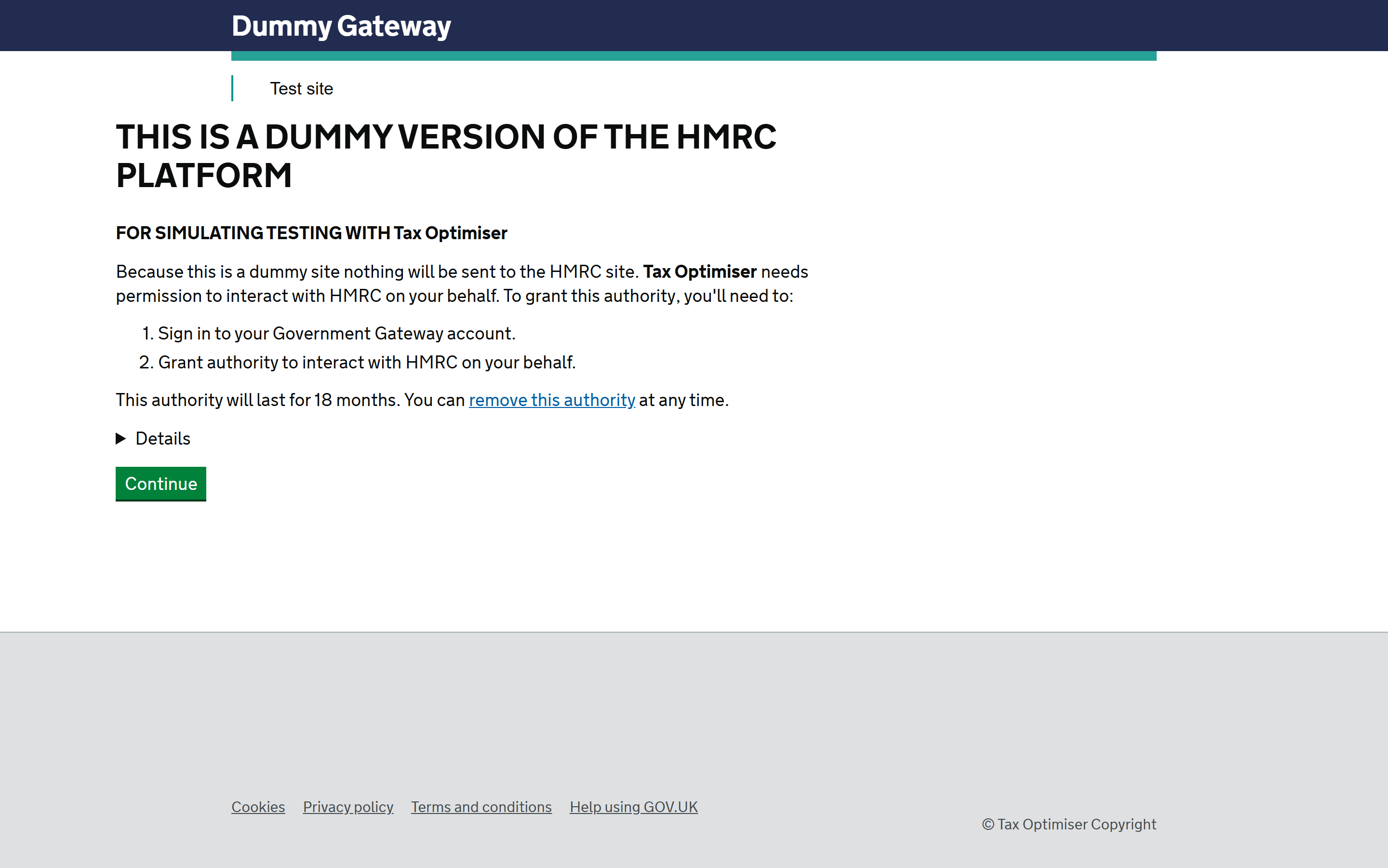 The dummy gateway explaining the steps before connecting to HMRC