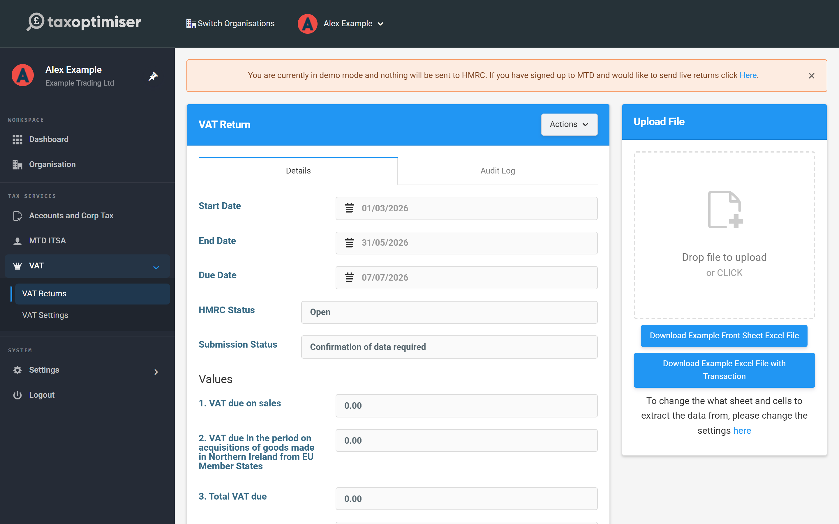 An open VAT return with empty boxes and the Upload File panel