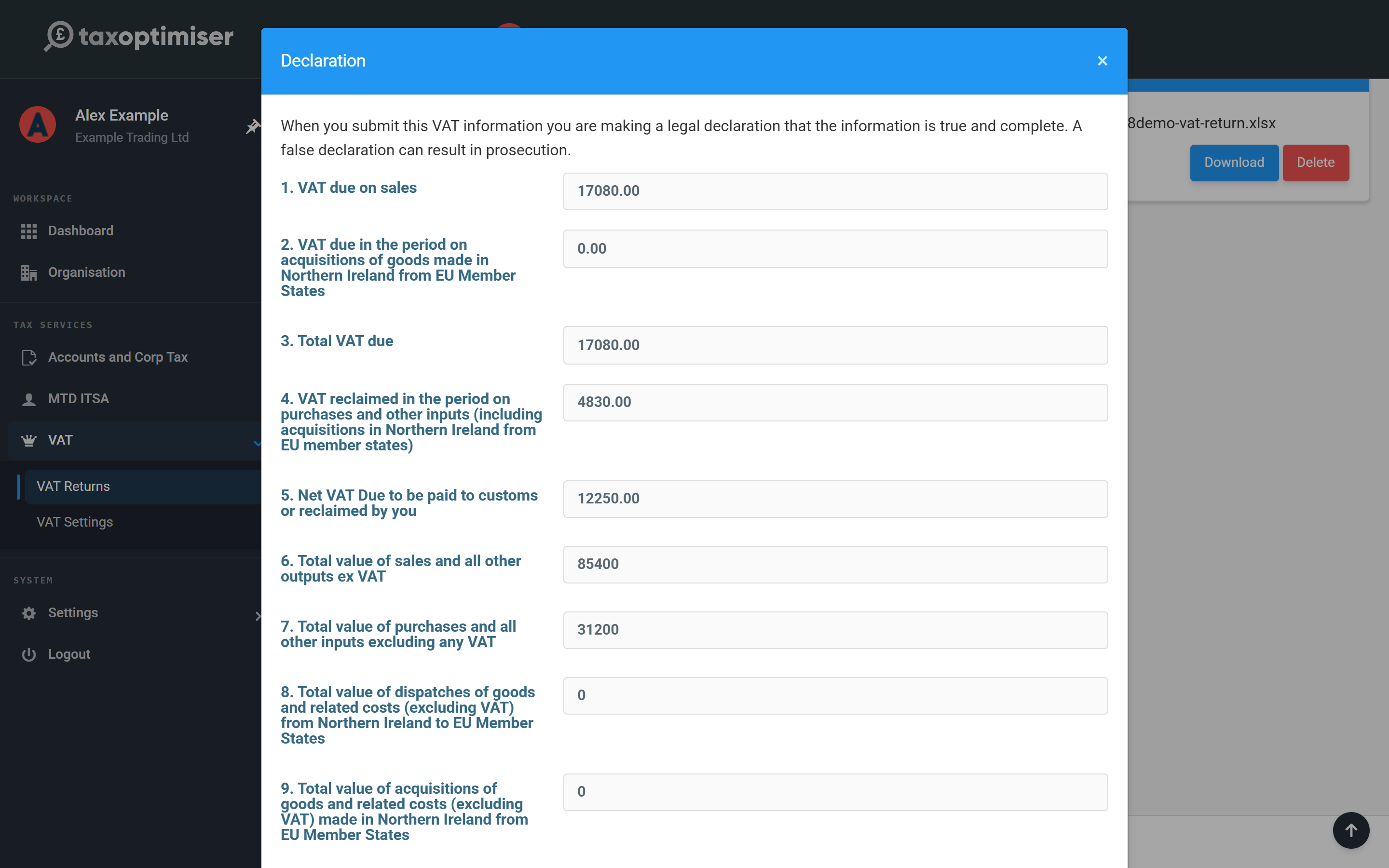 The declaration dialog shown before a VAT return is sent