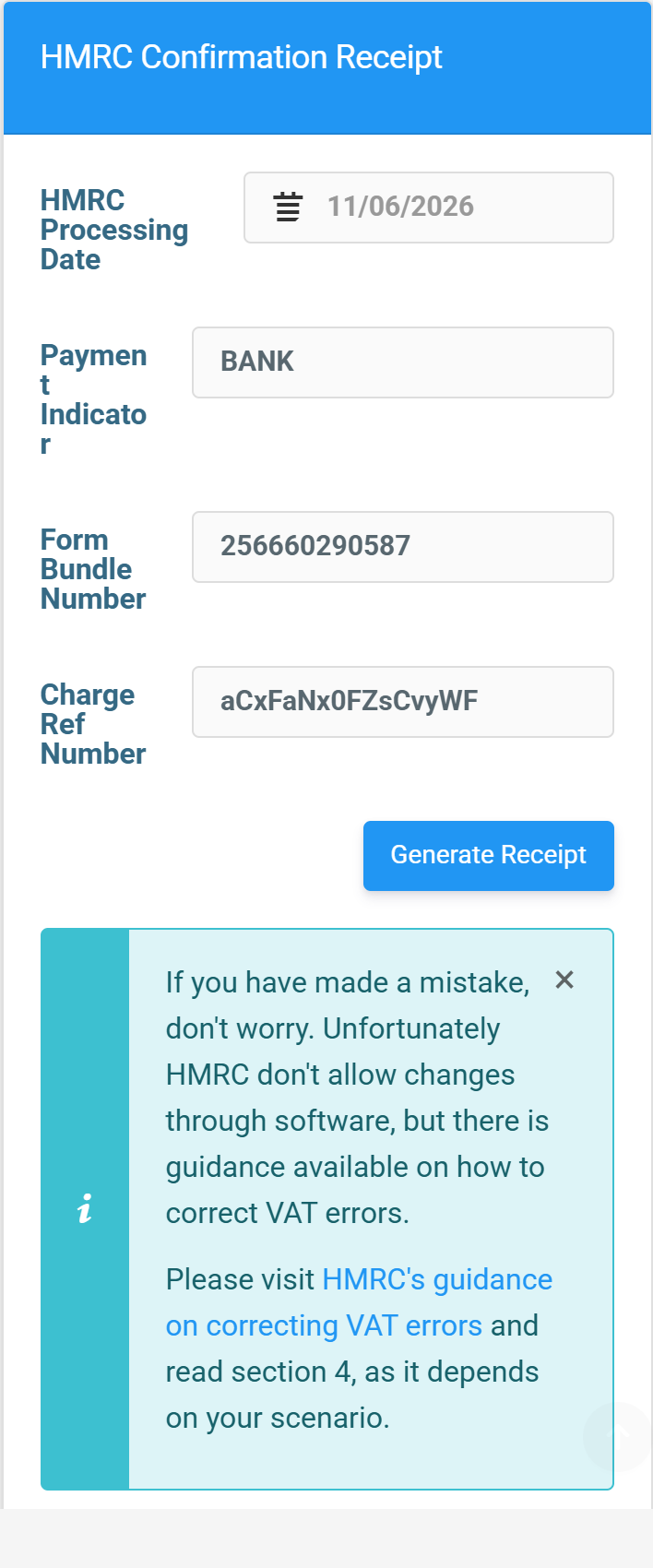 The HMRC confirmation receipt: processing date, payment indicator, form bundle number and charge reference