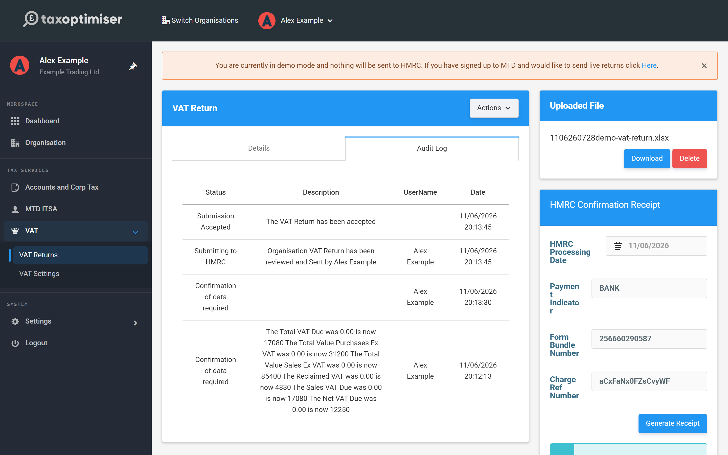 The audit log tab of a VAT return listing each action with user and timestamp