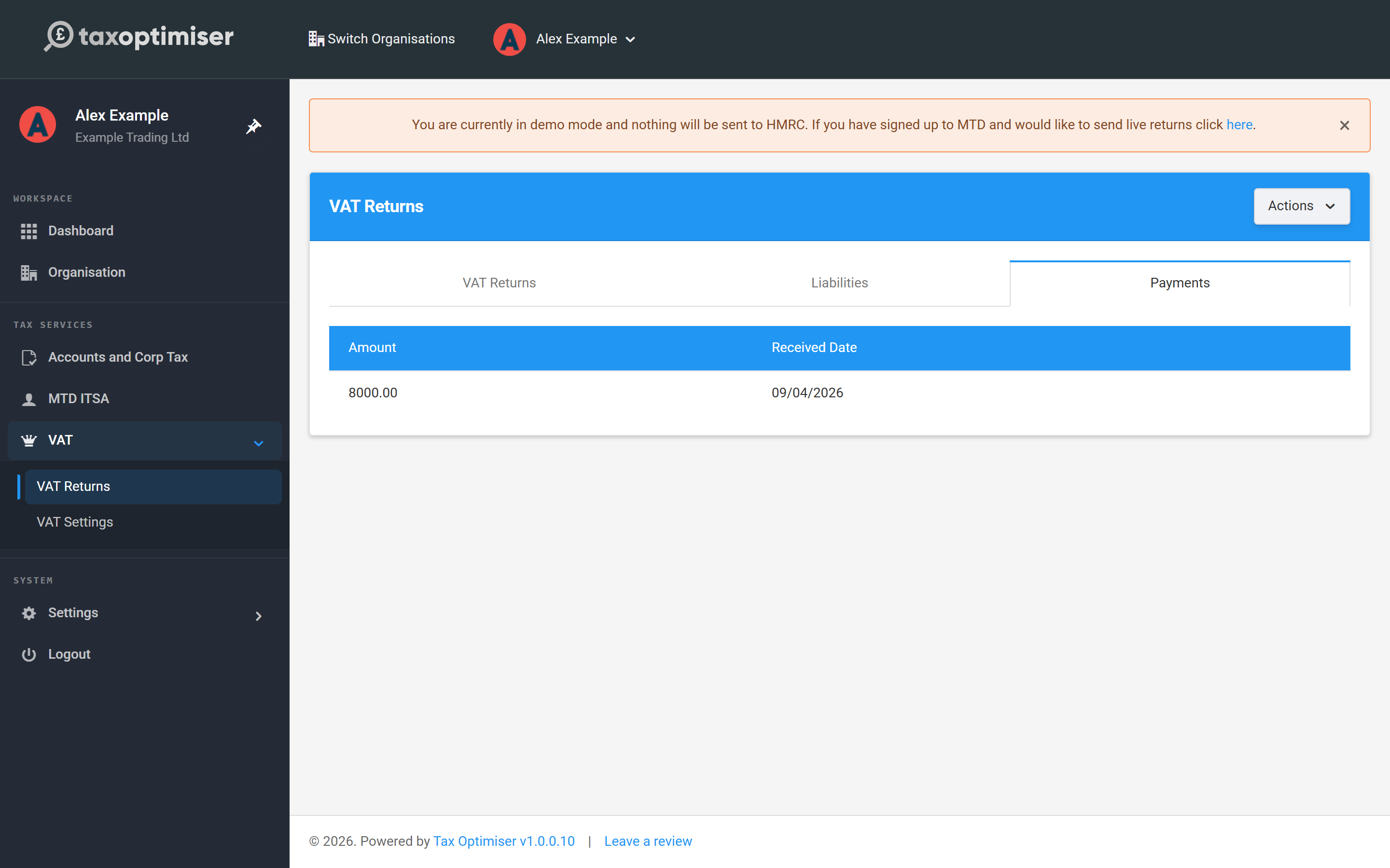 The Payments tab listing payments HMRC has received with dates and amounts