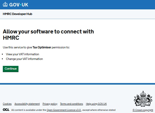 HMRC's first page: allow your software to connect with HMRC, with a Continue button