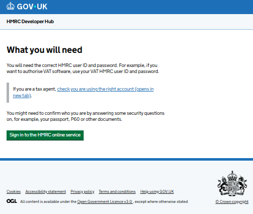 HMRC's what-you-will-need page with the Sign in to the HMRC online service button