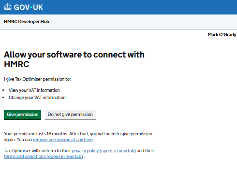 HMRC's give permission page confirming the permission lasts 18 months
