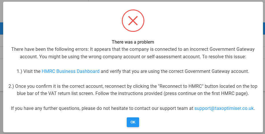 The error dialog: it appears the company is connected to an incorrect Government Gateway account