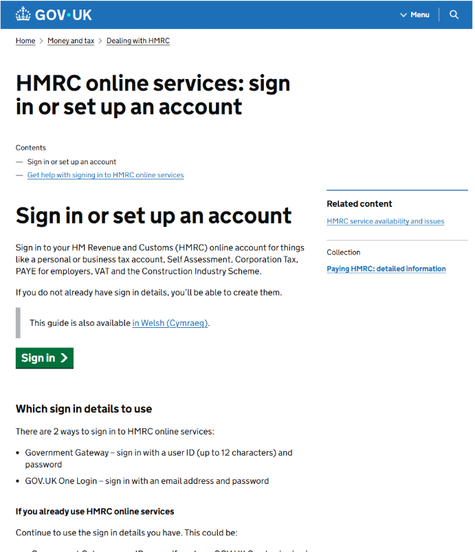 The GOV.UK HMRC online services page with the green Sign in button