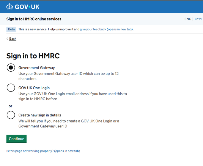 The Sign in to HMRC page with Government Gateway selected