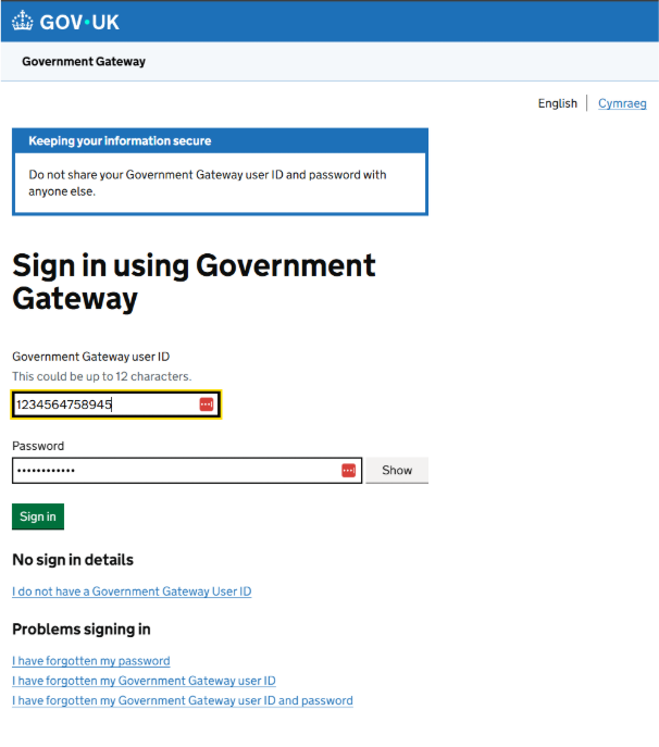 The Government Gateway sign-in page with the forgotten-details links under Problems signing in