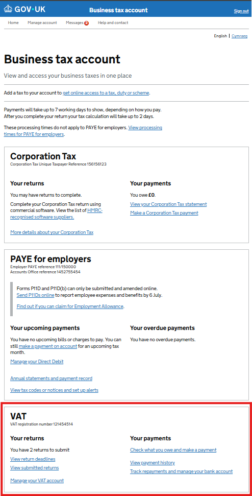 The HMRC Business tax account dashboard with the VAT section highlighted at the bottom