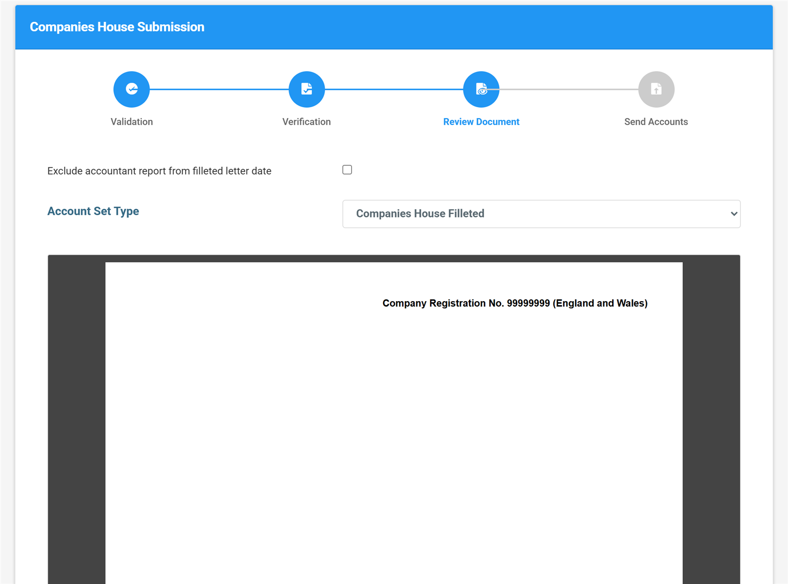 Companies House submission wizard with the account set type selector on Companies House Filleted
