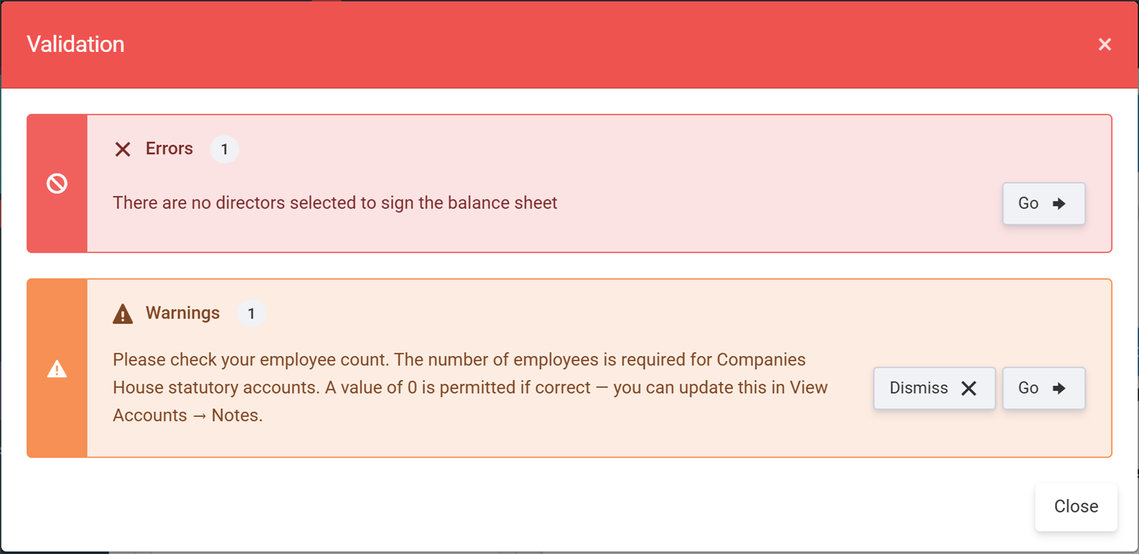 Validation modal listing errors and warnings, each with a Go button that jumps to the fix