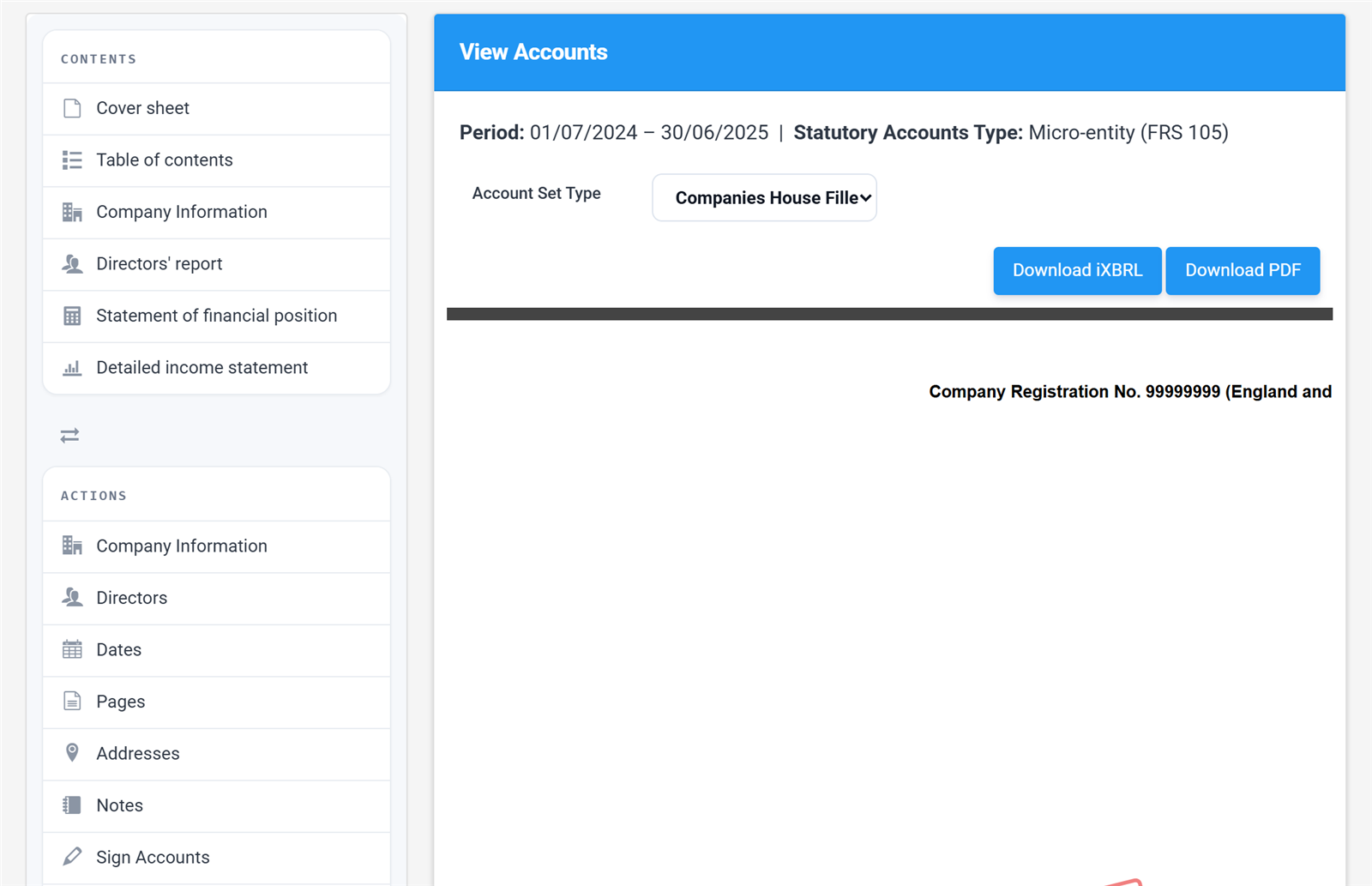 Tax Optimiser View Accounts screen with FRS 105 statutory accounts and iXBRL and PDF downloads