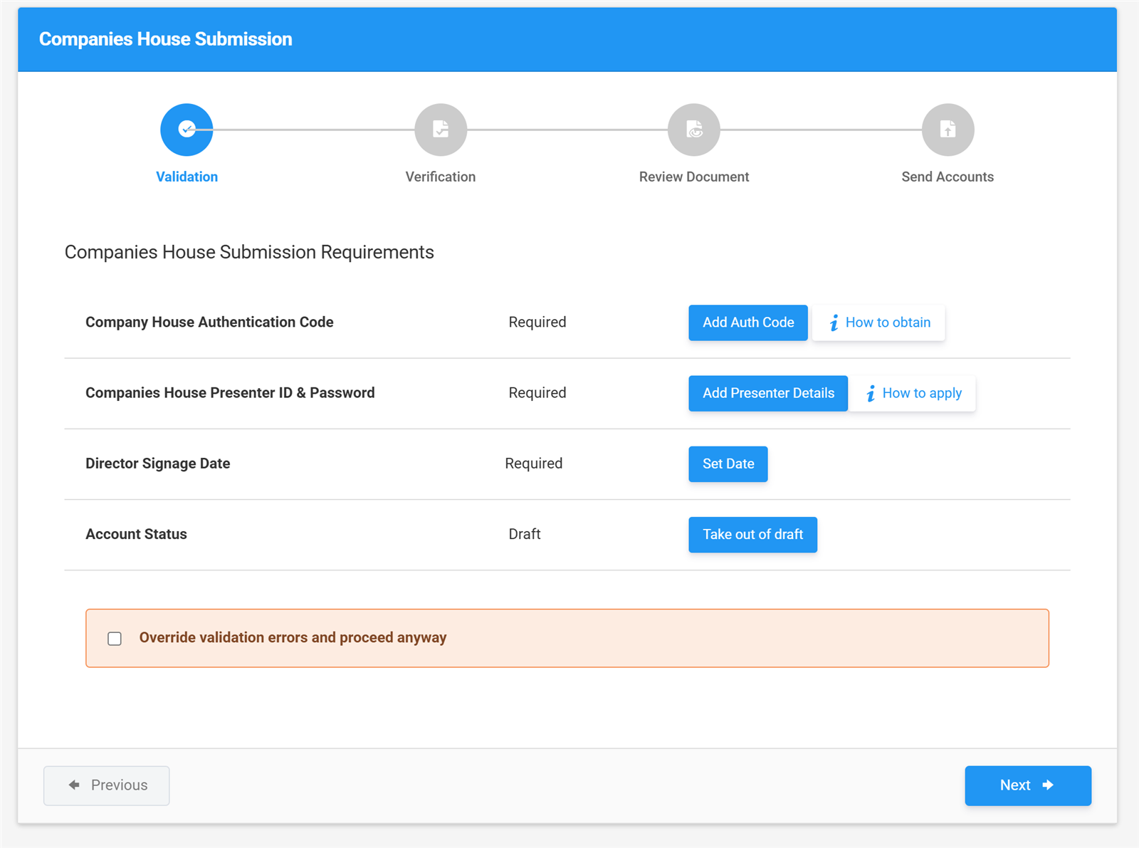 Companies House submission wizard in Tax Optimiser showing the validation, verification, review and send steps
