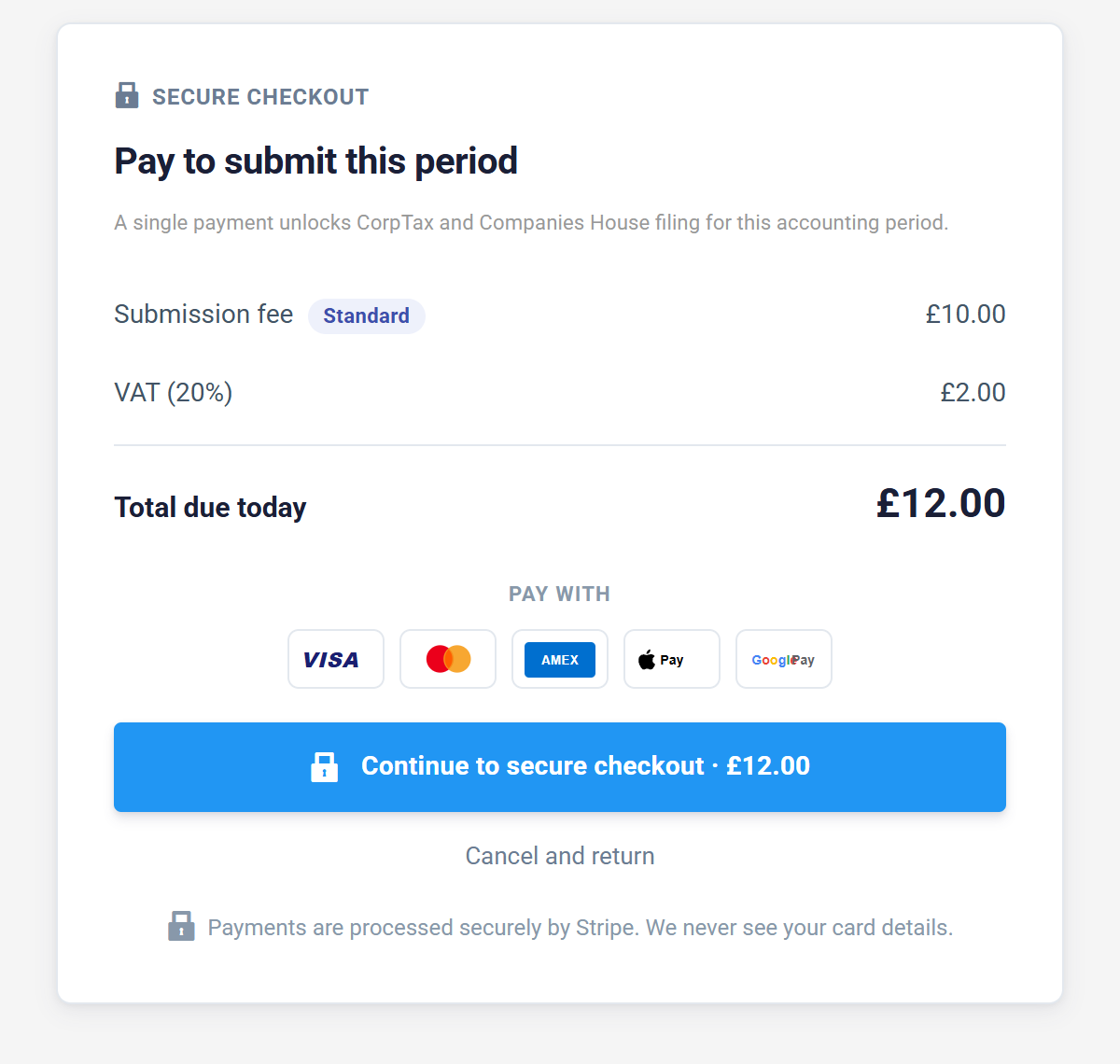 The Tax Optimiser checkout showing a £10 submission fee plus VAT, £12 in total, paid securely through Stripe