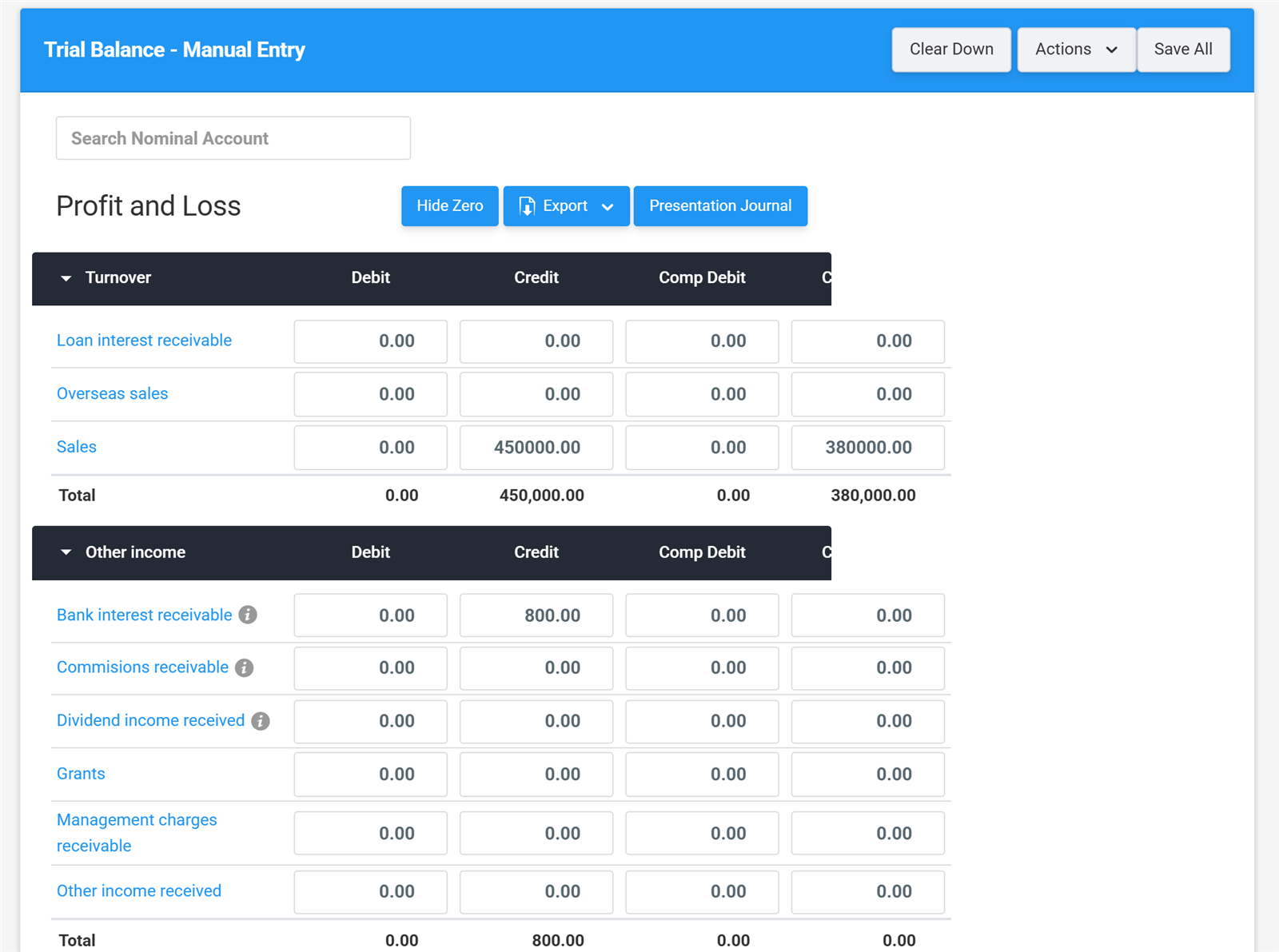 Reviewing the trial balance in Tax Optimiser with familiar nominal categories and automatic totals