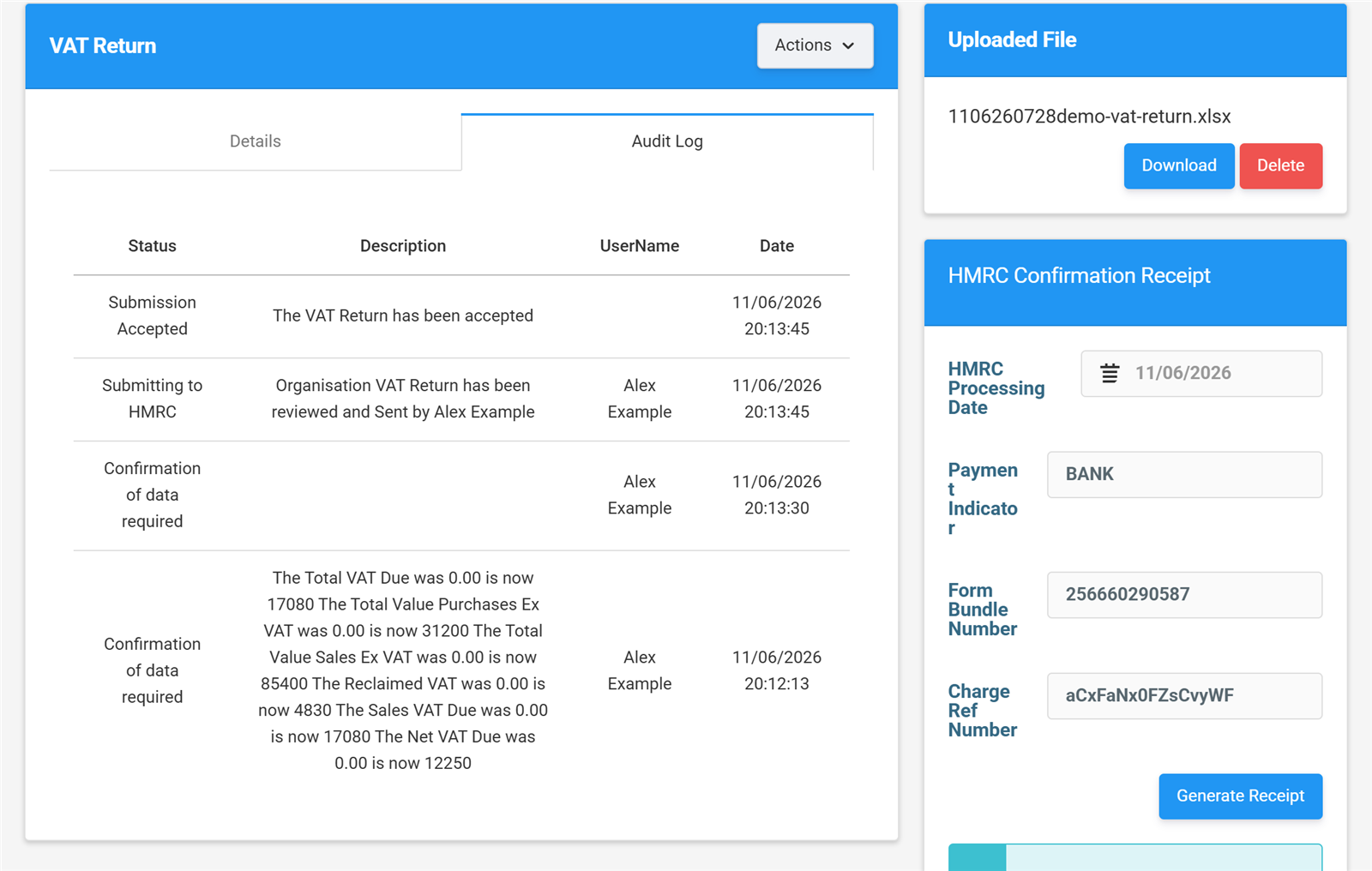 Audit log recording every upload, review and submission against the VAT return alongside the HMRC receipt