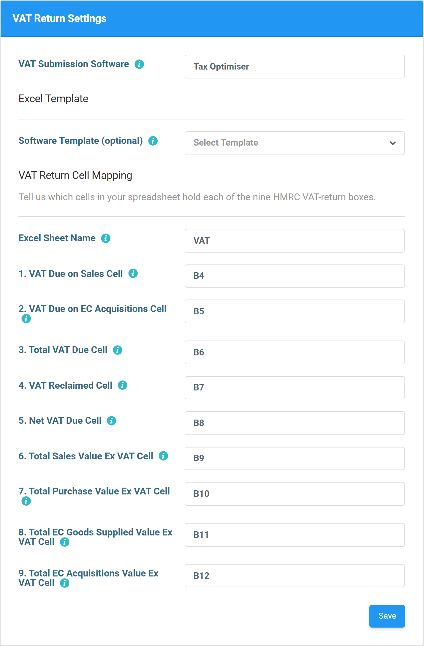 VAT return settings mapping each of the nine HMRC boxes to a spreadsheet cell