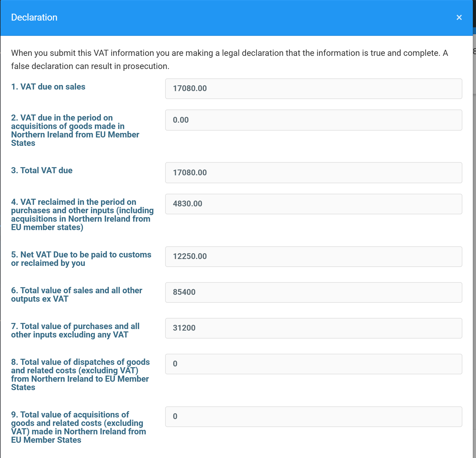 The legal declaration showing all nine VAT box values for a final check before sending to HMRC