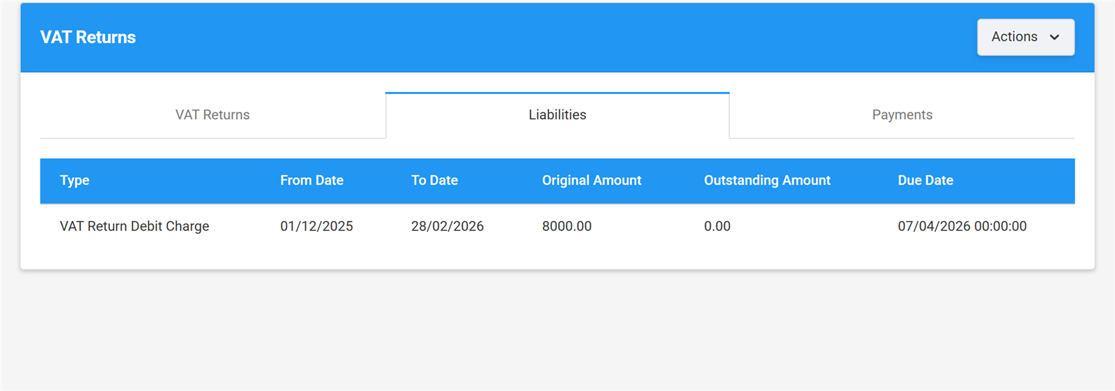 Liabilities tab showing a VAT return debit charge with original amount, outstanding amount and due date