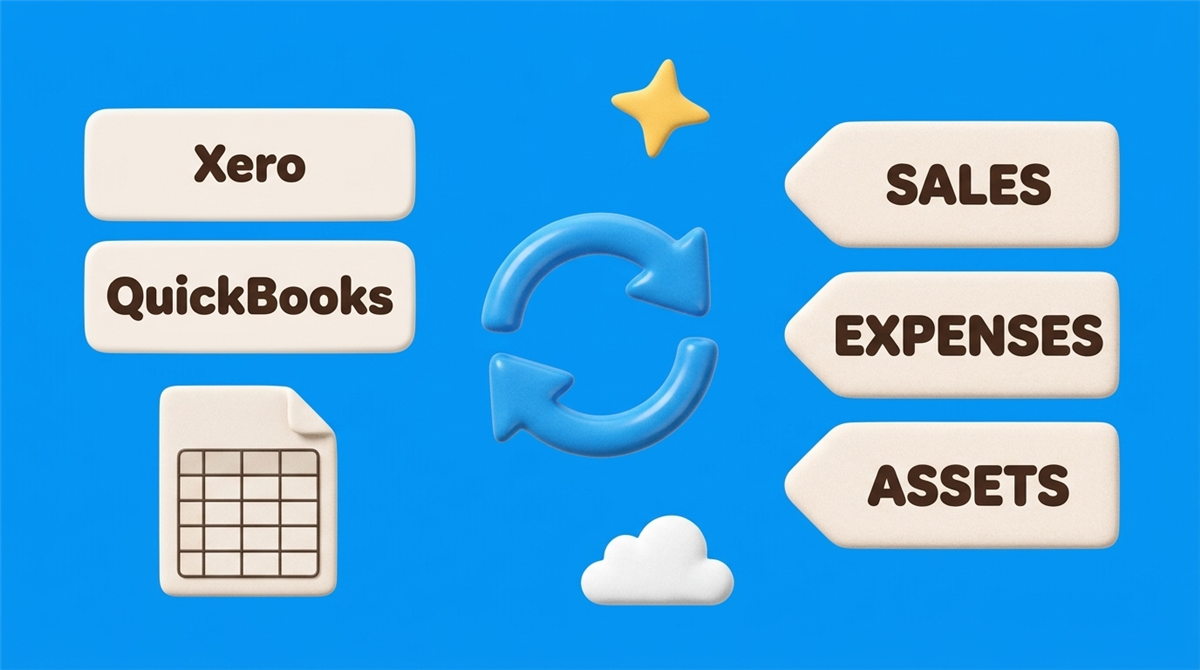 Xero, QuickBooks and spreadsheet data syncing both ways with sales, expenses and assets in Tax Optimiser